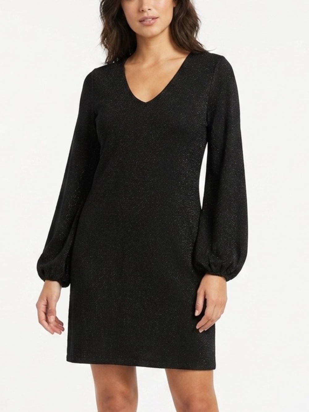 Rachel Zoe Black Shimmer V-Neck Dress Lantern Ballon Long Sleeve Small 567